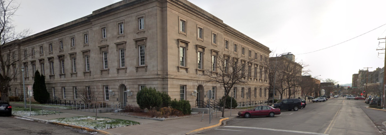 Exterior view of the Engen Building  from the corner of Pattee and Pine streets