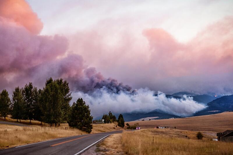 Road With Trees And Yellow Grass Leading To Mountains With Smoke from Wildfire