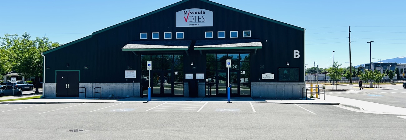 Building B at the elections center, view from parking lot